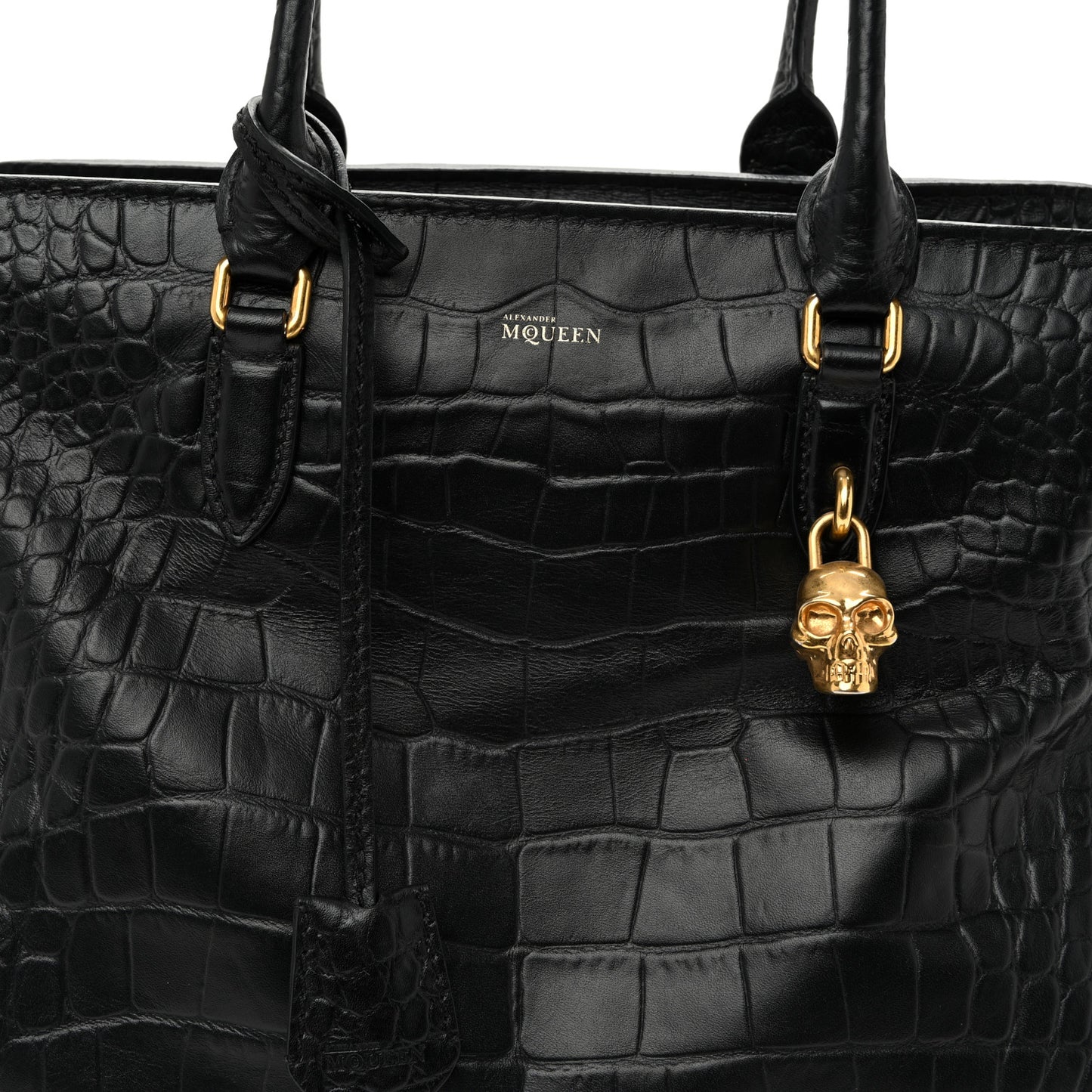 Calfskin Crocodile Embossed Large Skull Padlock Zip Around Tote Black