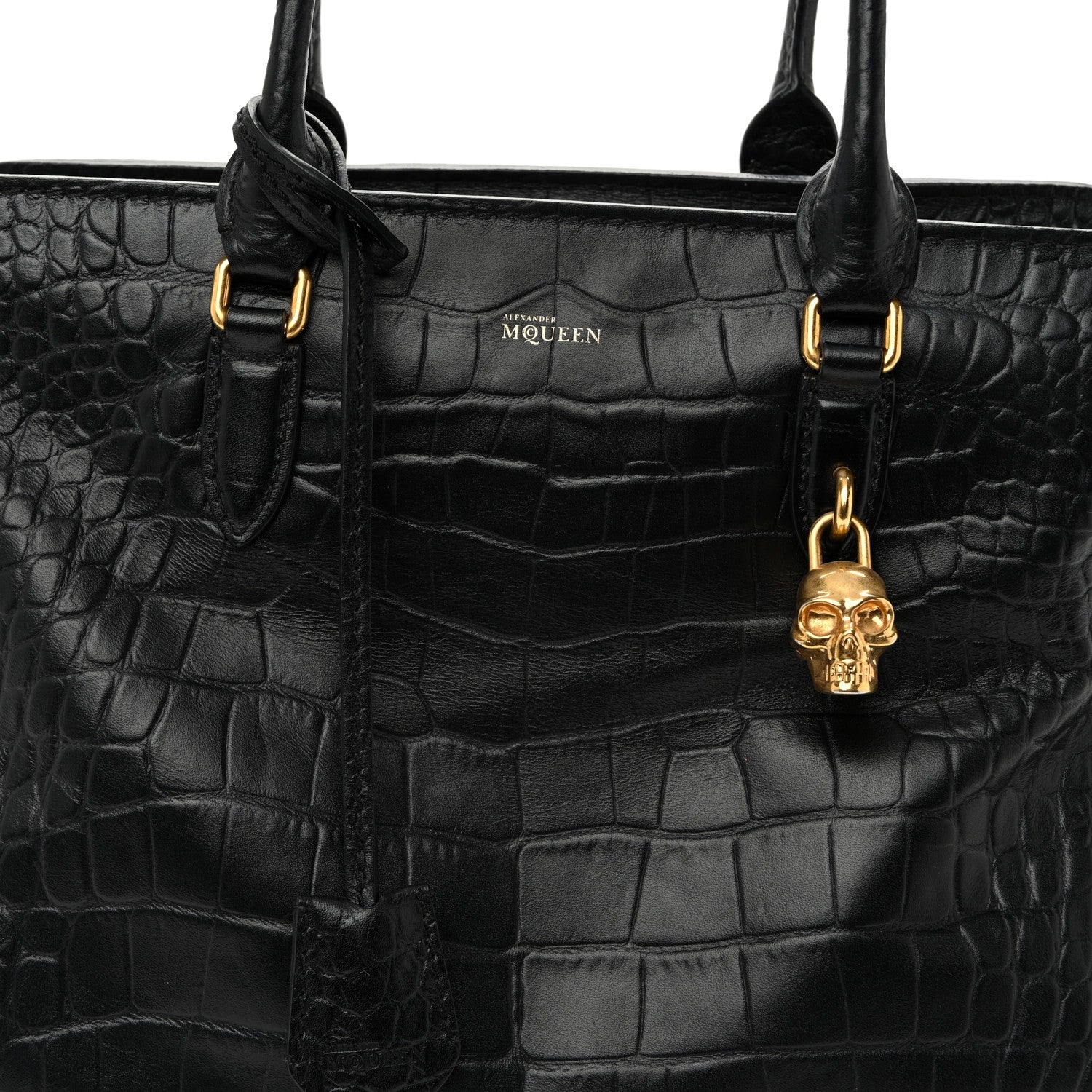 Alexander McQueen Calfskin Crocodile Embossed Large Skull Padlock Zip Around Tote Black 8 of 10
