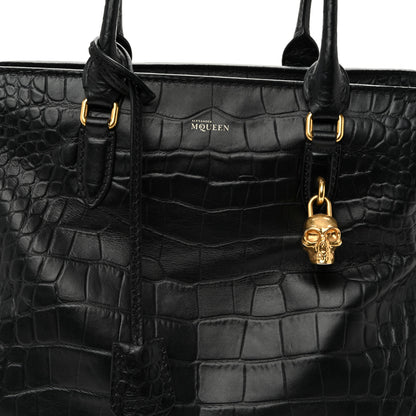 Alexander McQueen Calfskin Crocodile Embossed Large Skull Padlock Zip Around Tote Black 8 of 10