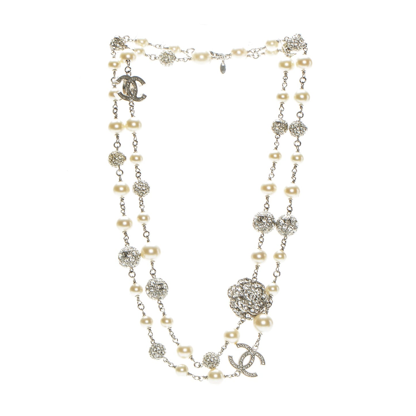 Pearl Crystal Camellia CC Long Necklace Silver