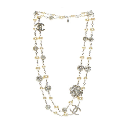 Chanel Pearl Crystal Camellia CC Long Necklace Silver 3 of 6