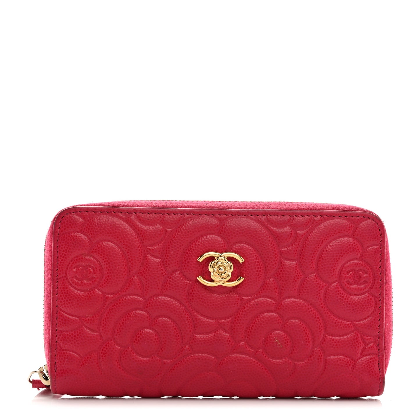Caviar Camellia Embossed Large Zip Around Gusset Wallet Pink
