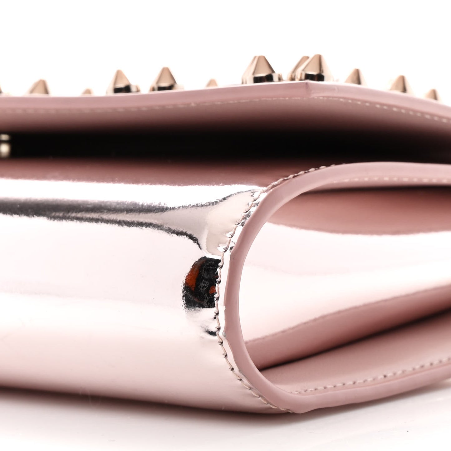Metallic Patent Calfskin Spikes Loubinthesky Paloma Clutch Pink