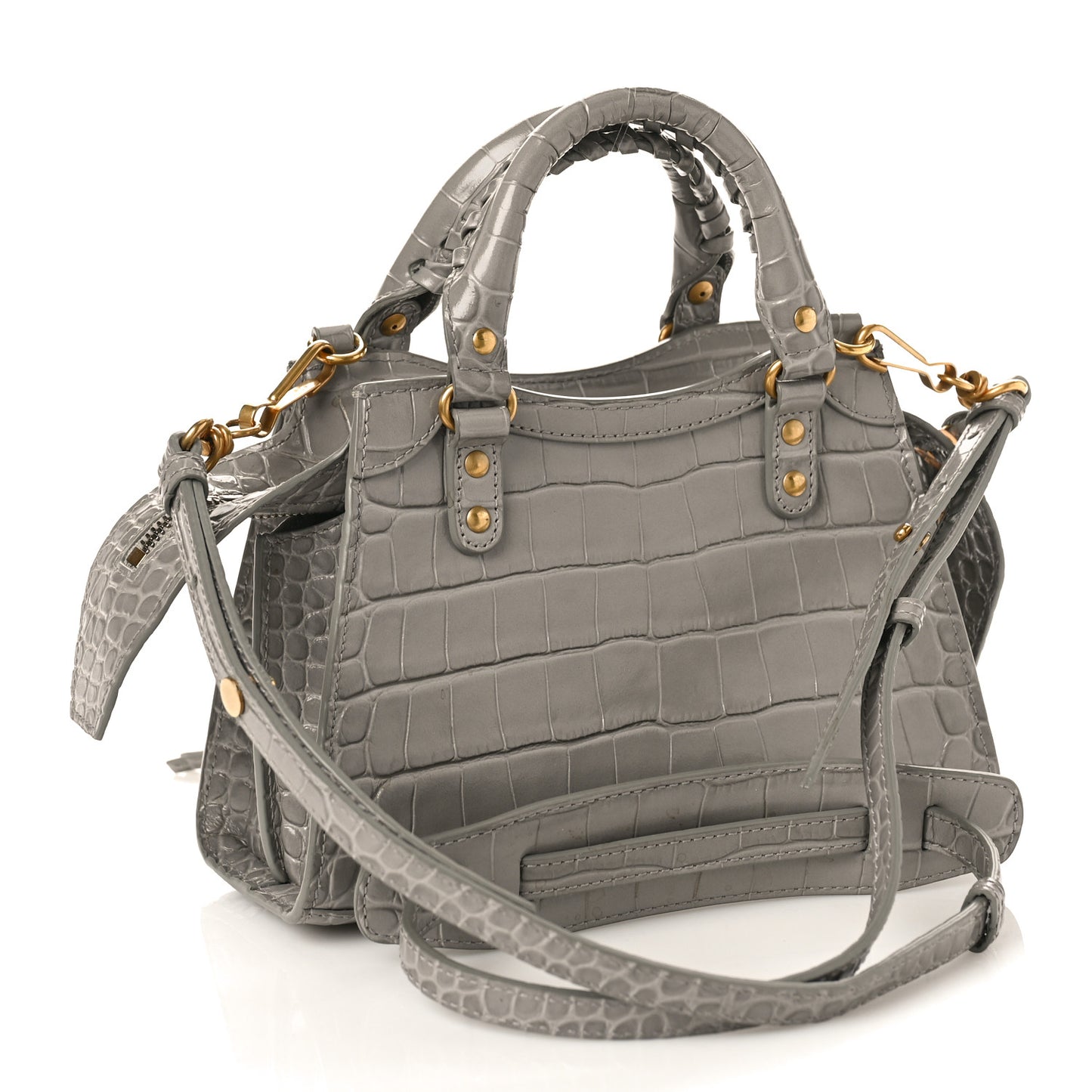 Shiny Supple Calfskin Crocodile Embossed Neo Classic Gold Hardware Mini City Steel Grey