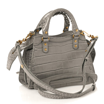Balenciaga Shiny Supple Calfskin Crocodile Embossed Neo Classic Gold Hardware Mini City Steel Grey 3 of 8