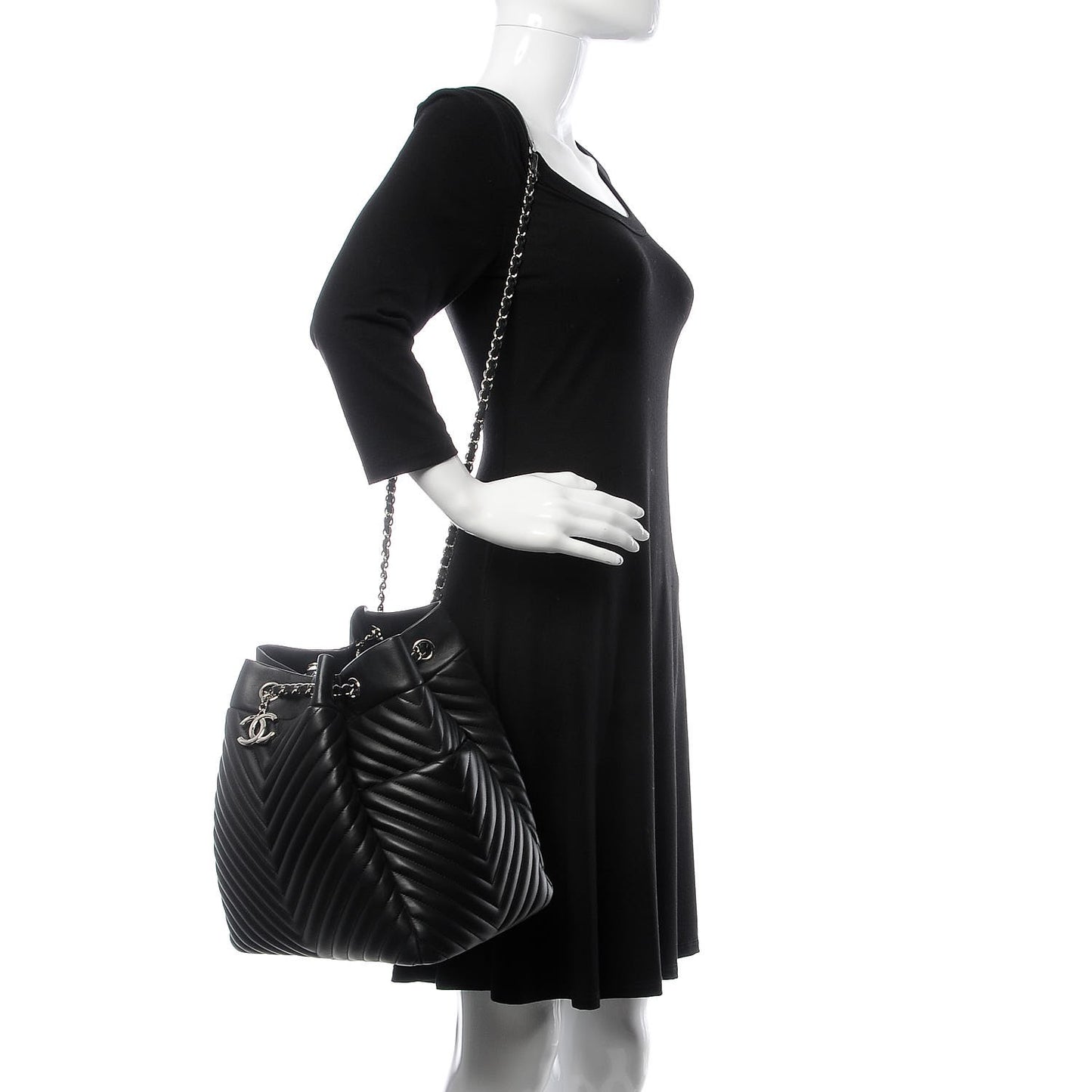 Calfskin Chevron Large Urban Spirit Drawstring Bag Black