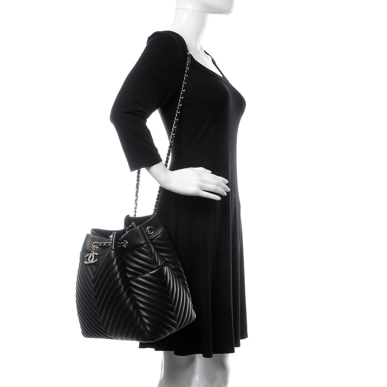 Chanel Calfskin Chevron Large Urban Spirit Drawstring Bag Black 2 of 8