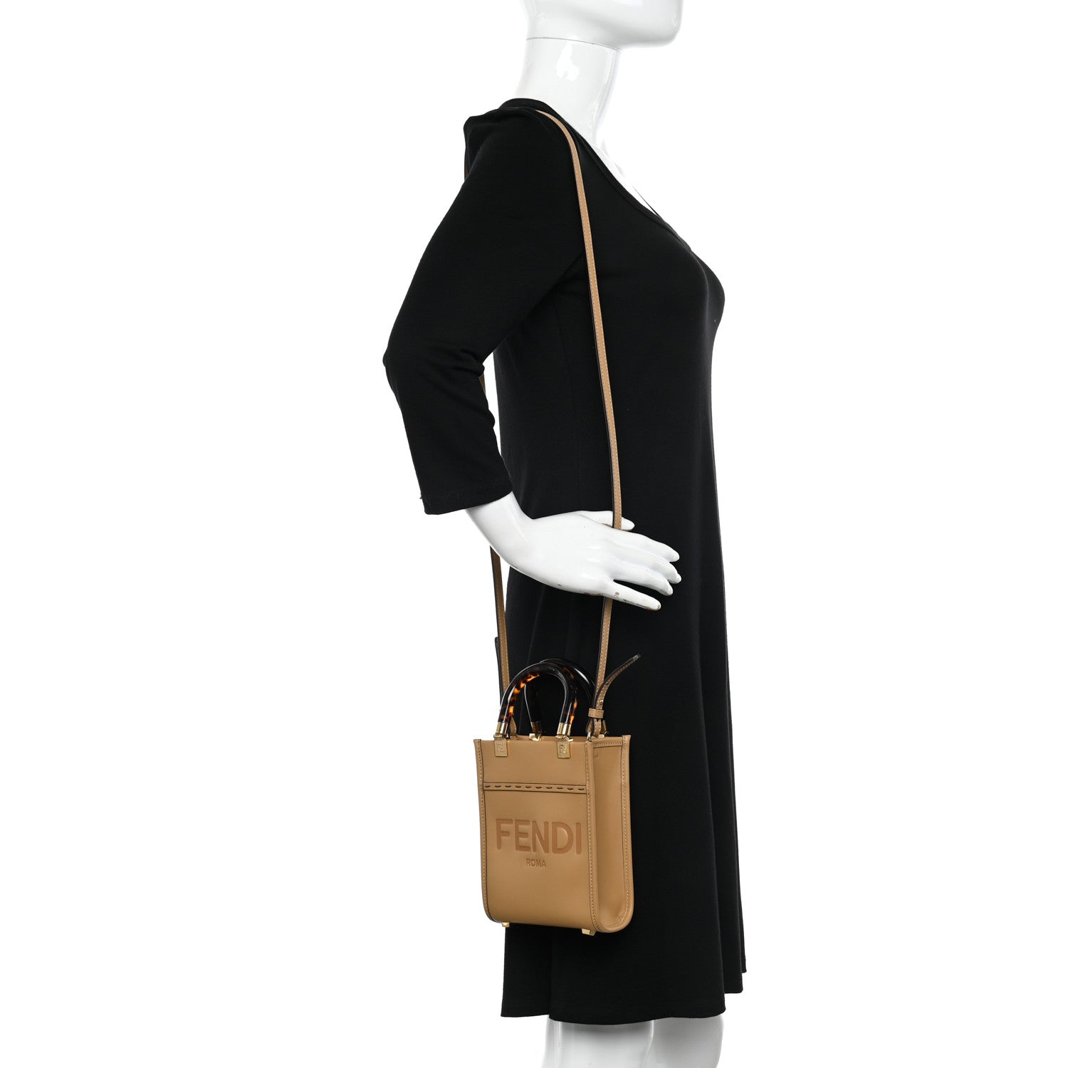 Fendi Vitello King Plexiglass Logo Embossed Mini Fendi Sunshine Shopper Tote Miele Scuro 2 of 13