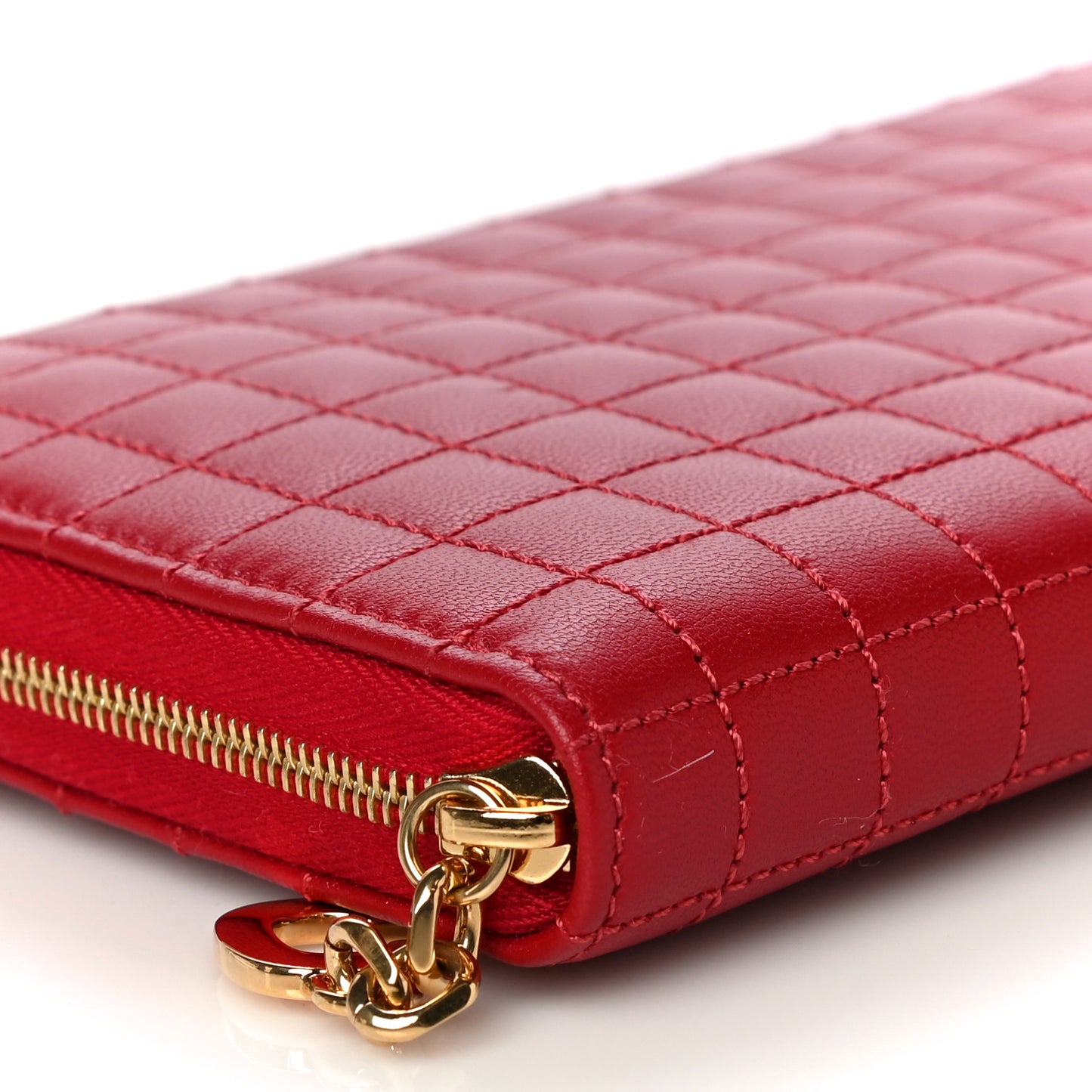 Lambskin Quilted Large C Charm Zip Around Wallet Red