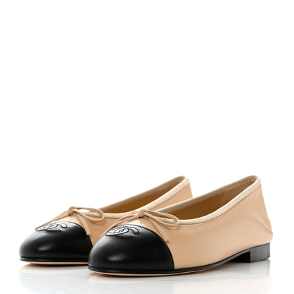 Chanel Lambskin Cap Toe CC Ballerina Flats 37 Beige Black 3 of 10