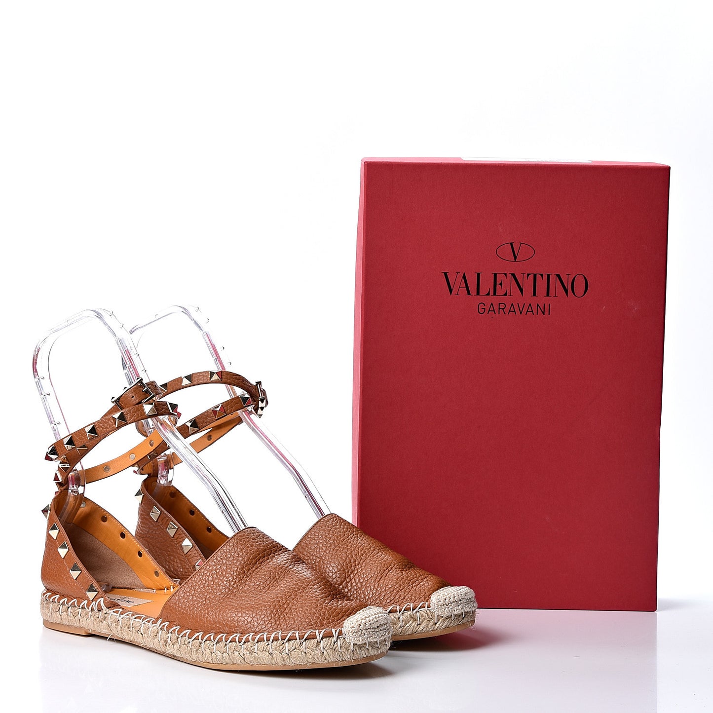 Grained Calfskin Rockstud Ankle Wrap Espadrille Flats 39 Cognac