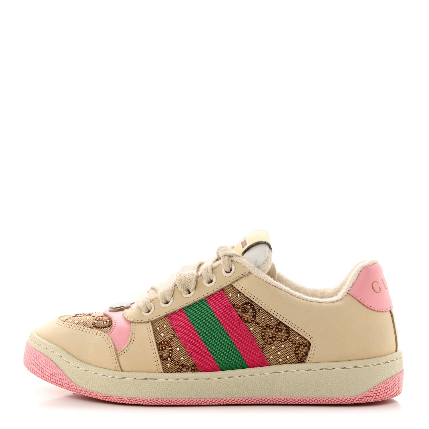 Gucci Calfskin GG Supreme Crystals Web Screener Sneakers 35.5 Beige Ebony Wild Rose 1 of 8