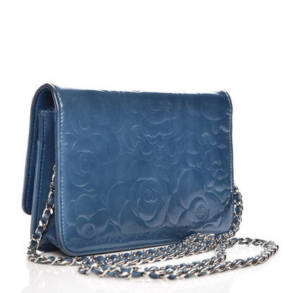Chanel Patent Camellia Wallet on Chain WOC Blue 3 of 13