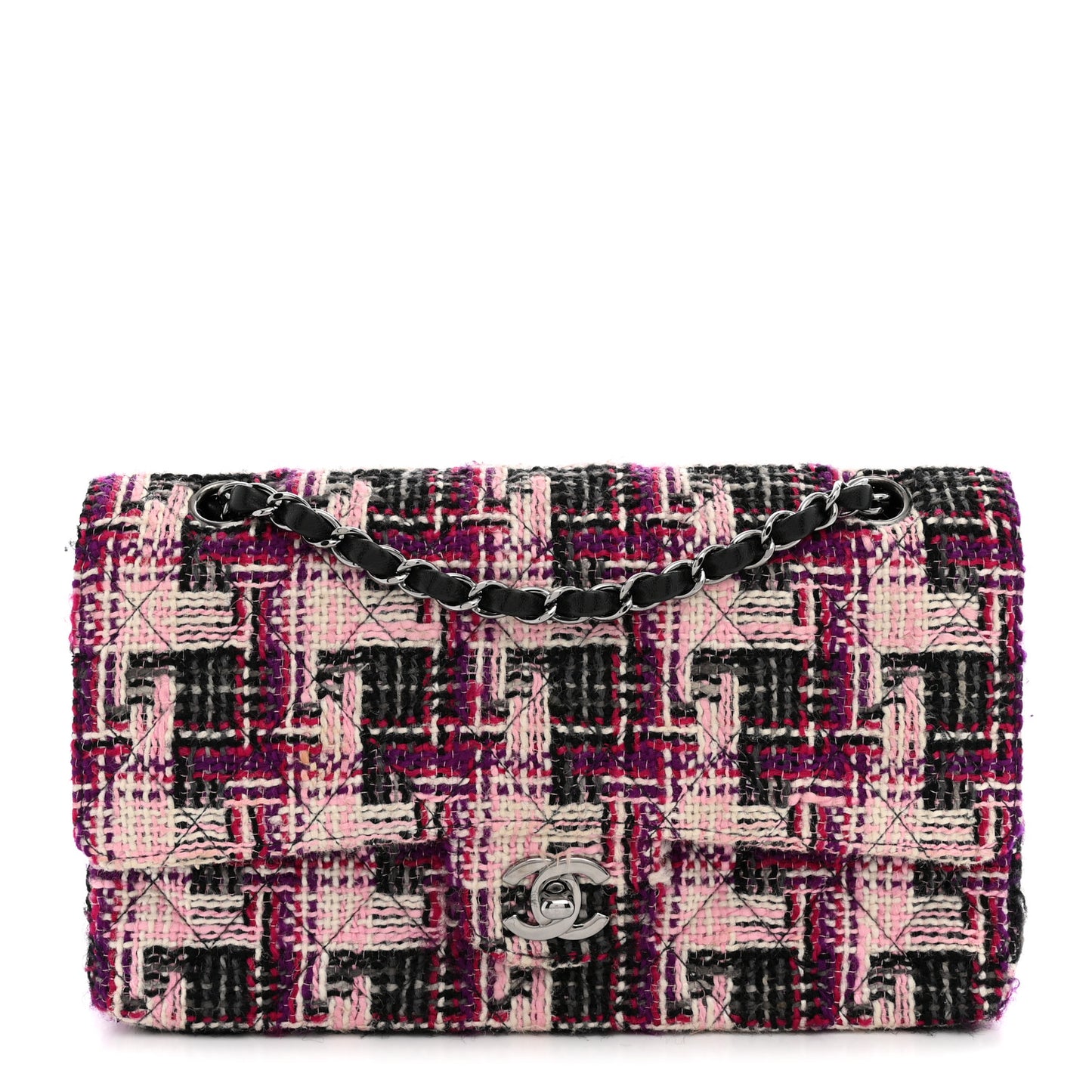 Tweed Quilted Medium Double Flap Pink Black