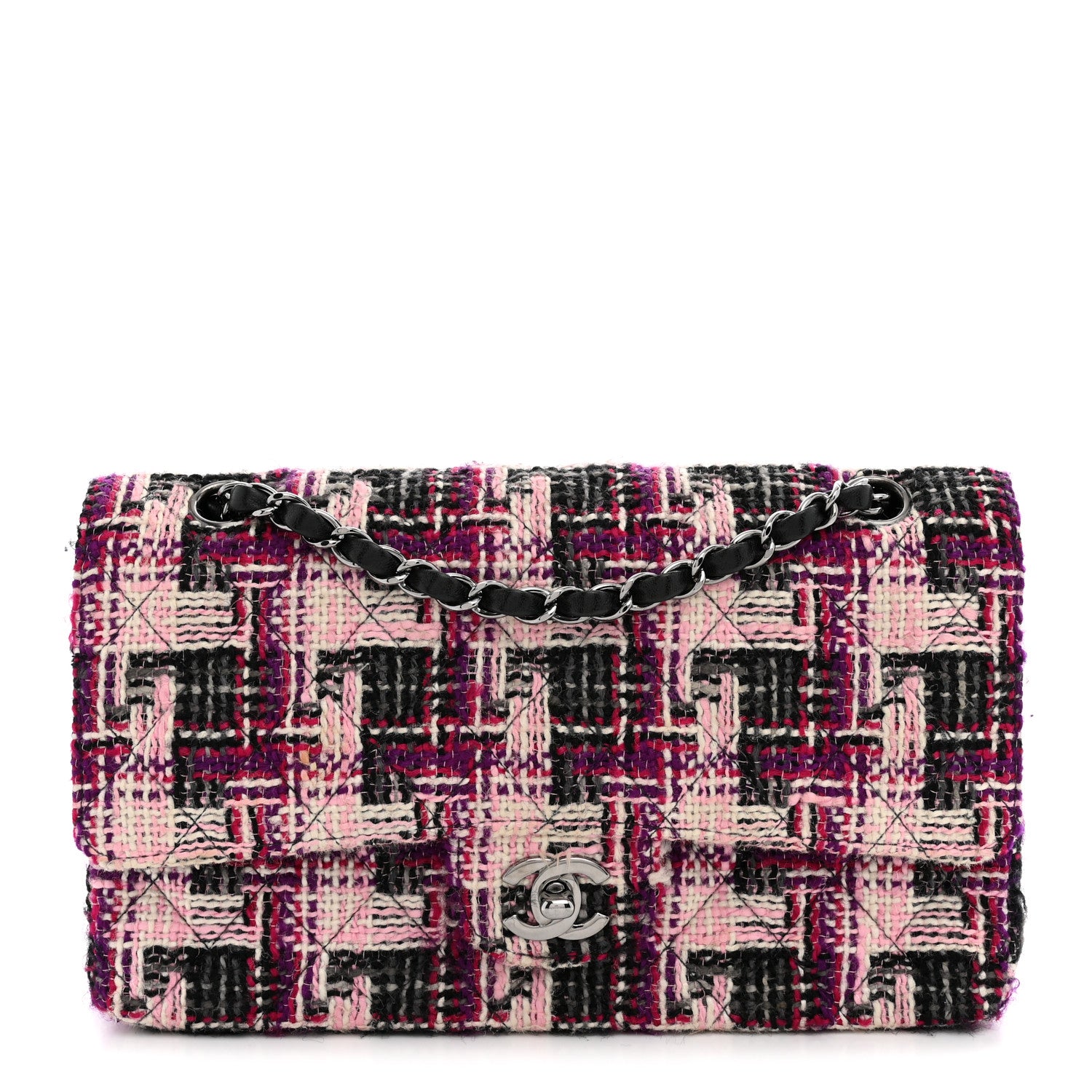 Chanel Tweed Quilted Medium Double Flap Pink Black 1 of 12