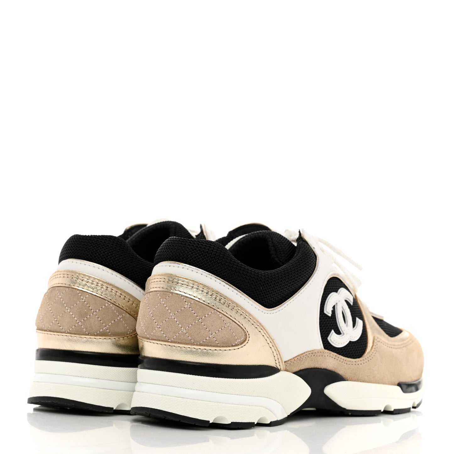 Mesh Suede Calfskin Womens CC Sneakers 38.5 White Black Beige Gold