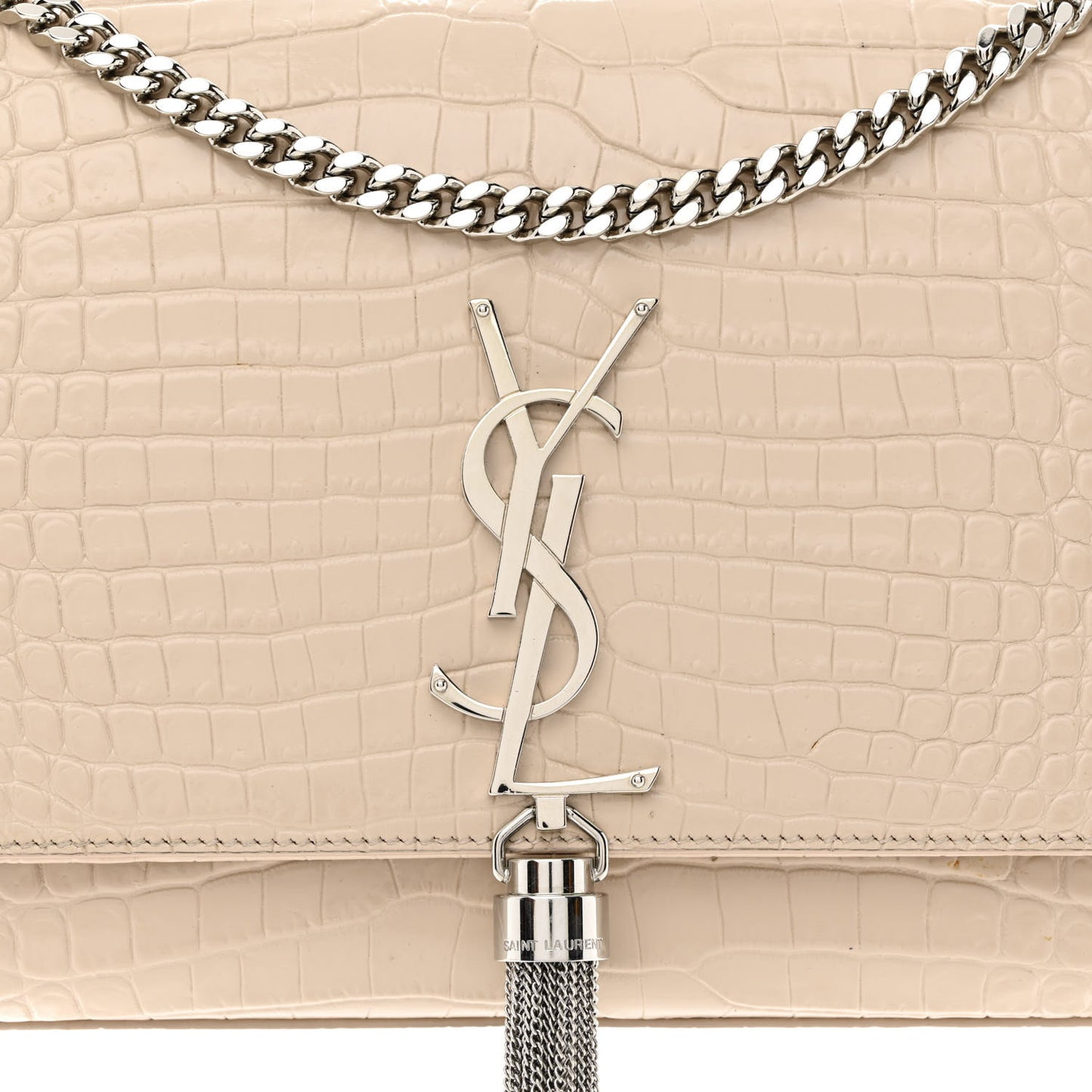 Calfskin Crocodile Embossed Medium Classic Monogram Kate Tassel Satchel Nude Powder