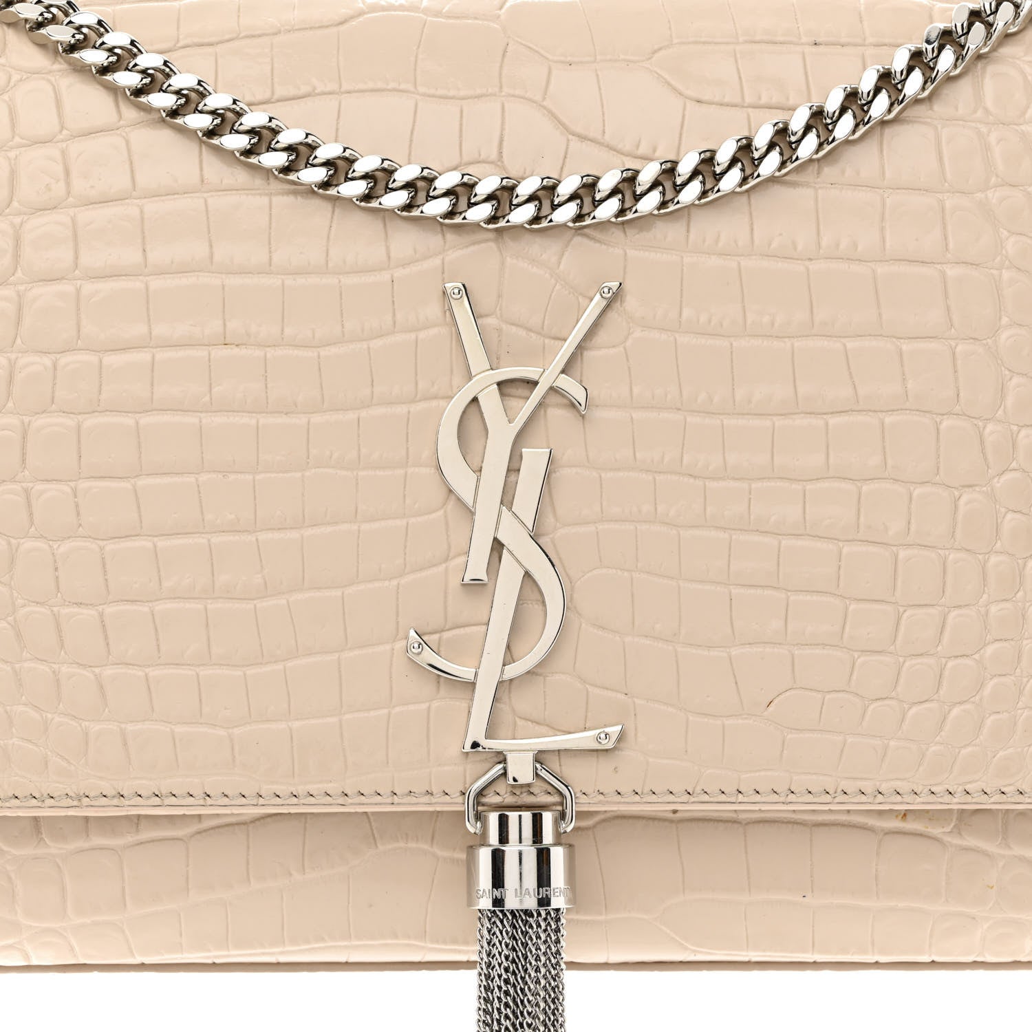 Saint Laurent Calfskin Crocodile Embossed Medium Classic Monogram Kate Tassel Satchel Nude Powder 8 of 12