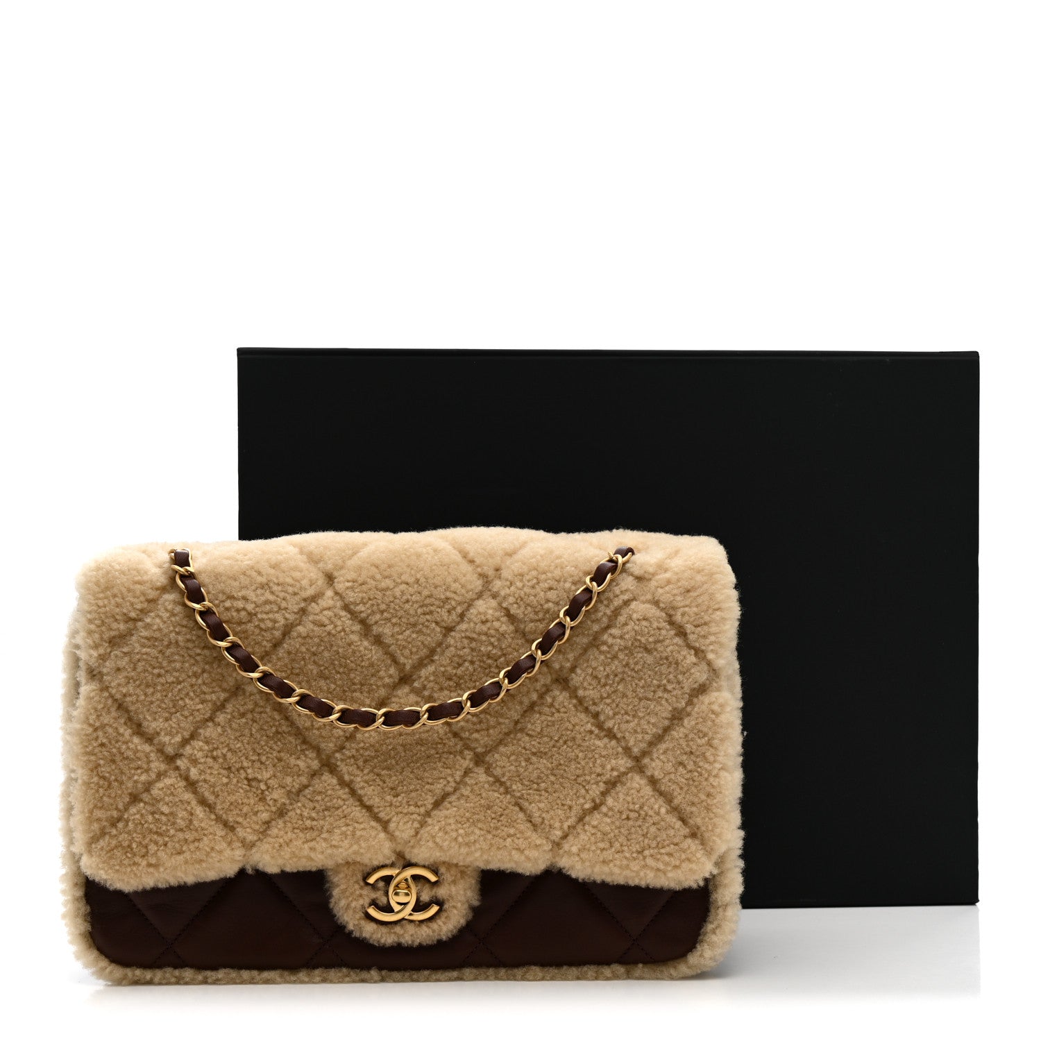 Chanel Shearling Lambskin Quilted Large Furry Coco Flap Beige
