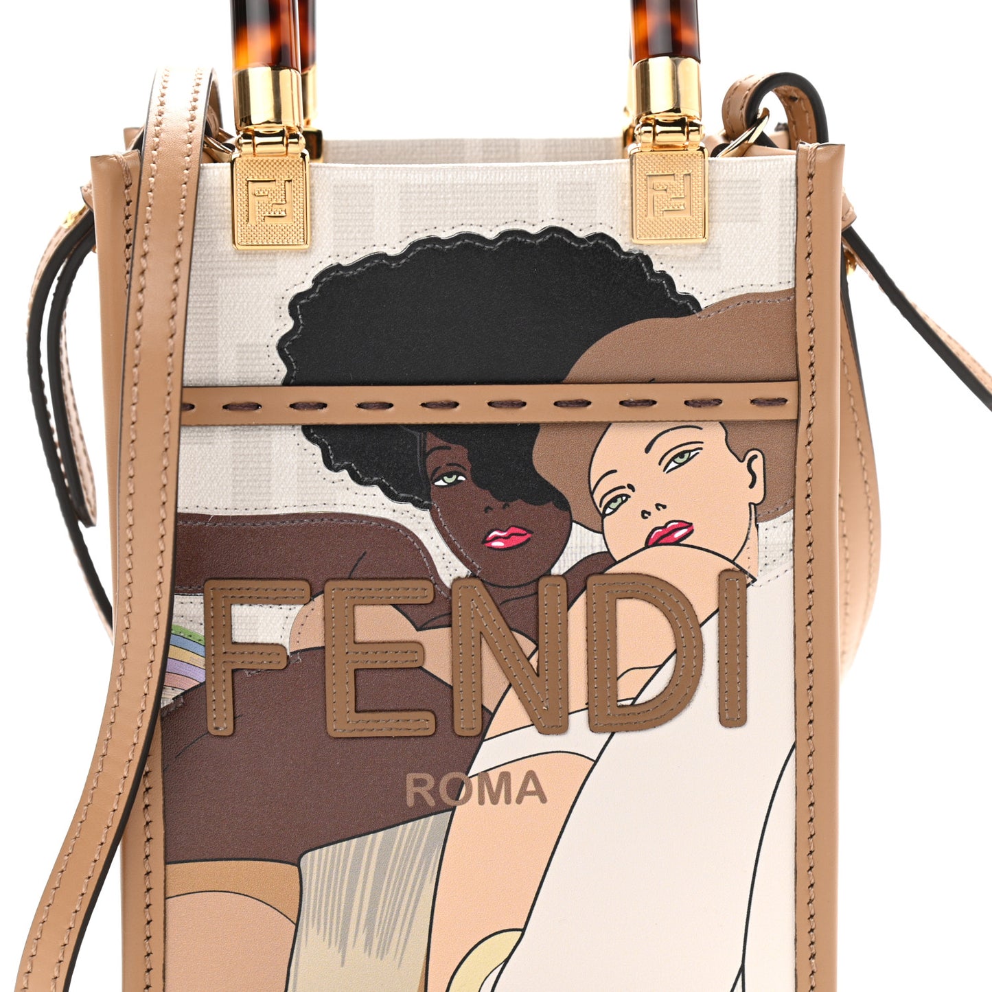 Glazed Fabric Plexiglass FF Logo Bikini Girls Mini Fendi Sunshine Shopper Tote Bianco Perla Multicolor Miele Scuro