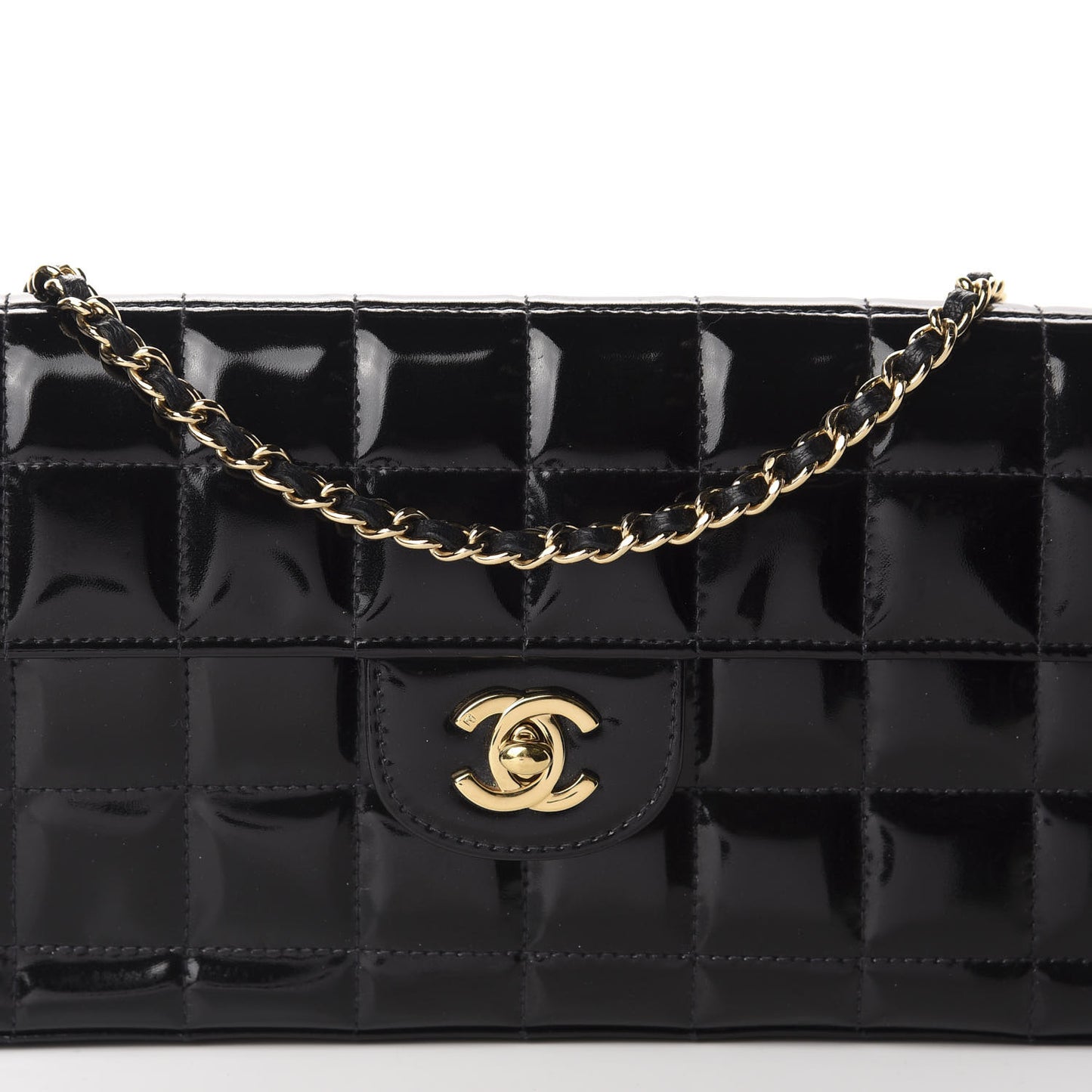 Patent Quilted East West Chocolate Bar Flap Black
