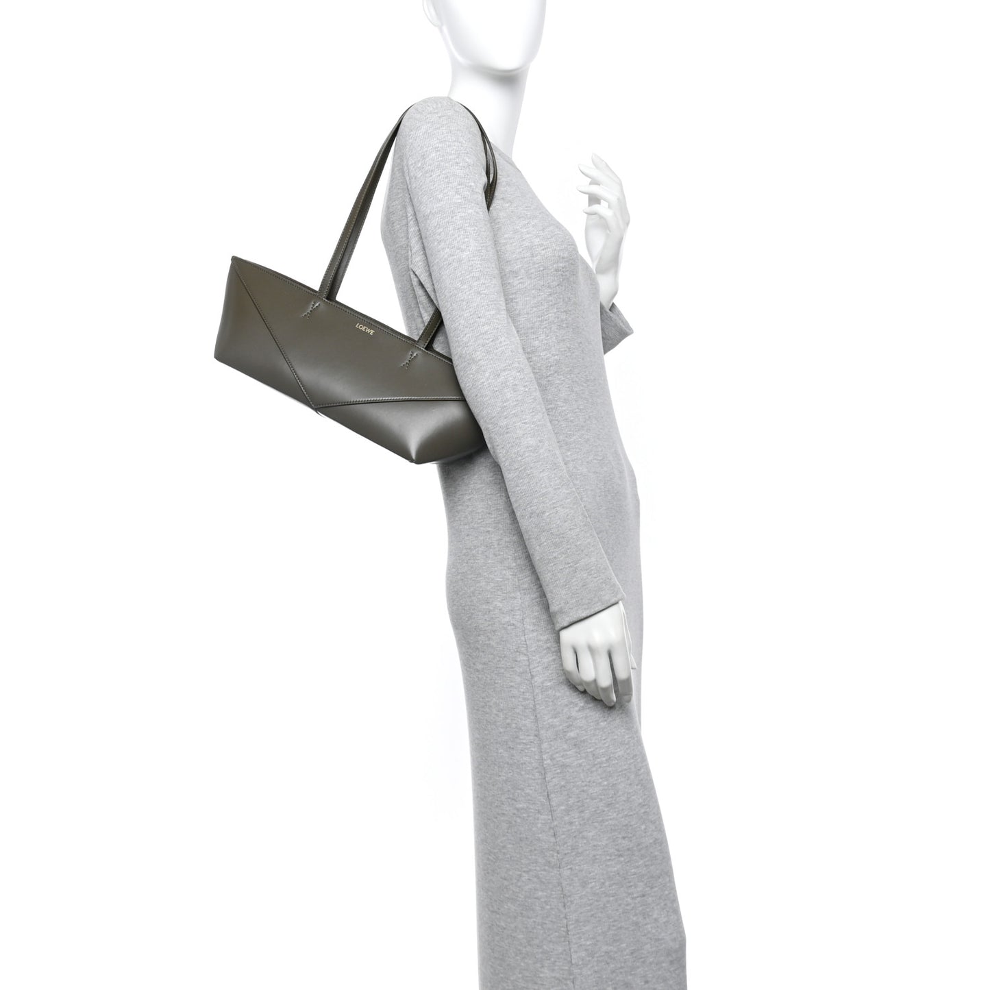 Shiny Calfskin Mini Cropped Puzzle Fold Tote Dark Khaki Green