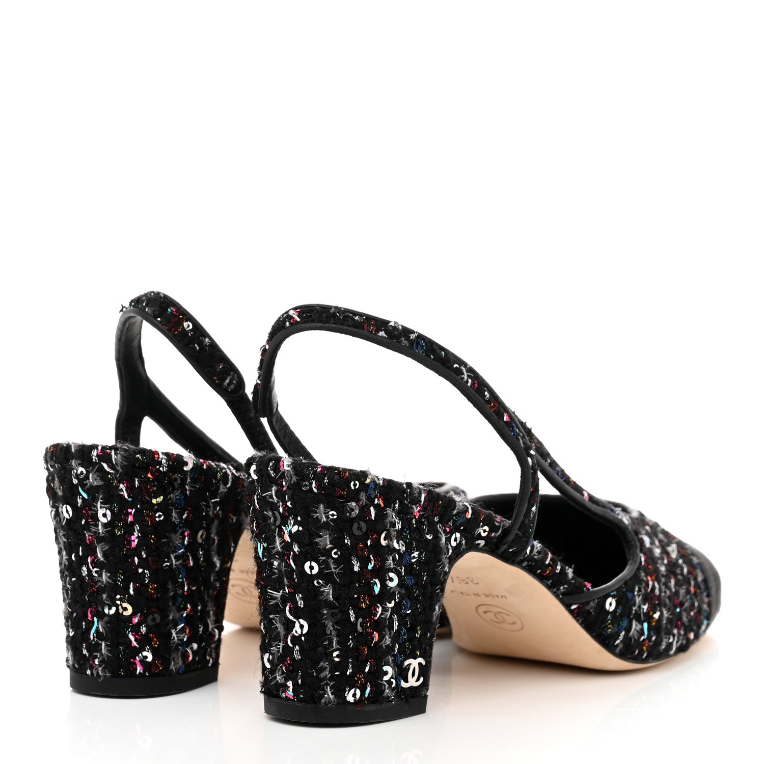 Chanel Tweed Lambskin Sequin Cap Toe CC Slingback Pumps 36.5 Black 4 of 9