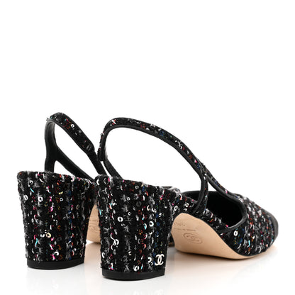 Chanel Tweed Lambskin Sequin Cap Toe CC Slingback Pumps 36.5 Black 4 of 9