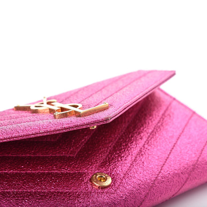 Saint Laurent Metallic Crackled Calfskin Matelasse Chevron Monogram Flap Wallet Fuchsia 9 of 9