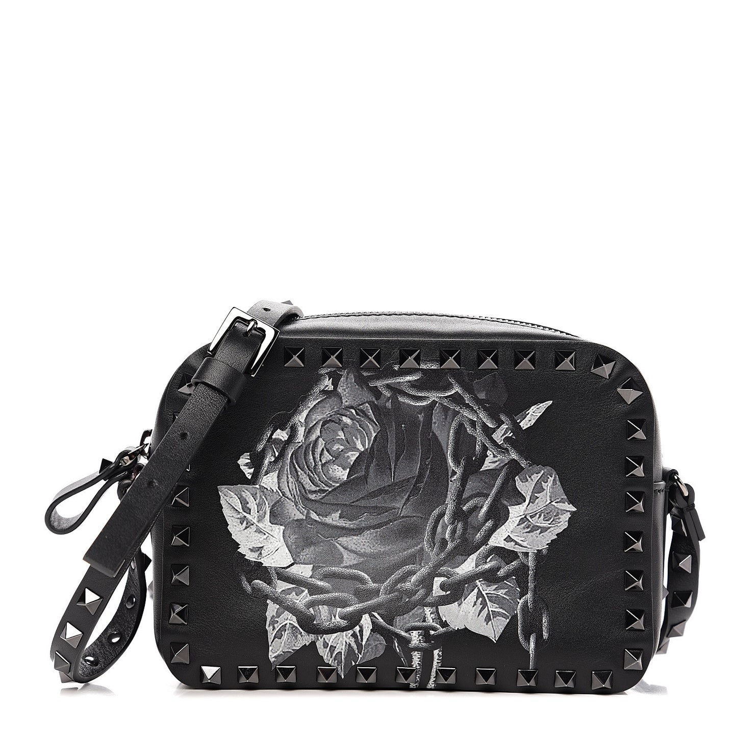 X UNDERCOVER Calfskin Rockstud Rose Print Camera Crossbody Bag Black