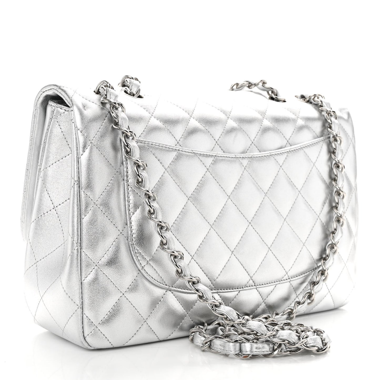 Metallic Lambskin Quilted Jumbo Single Flap Silver