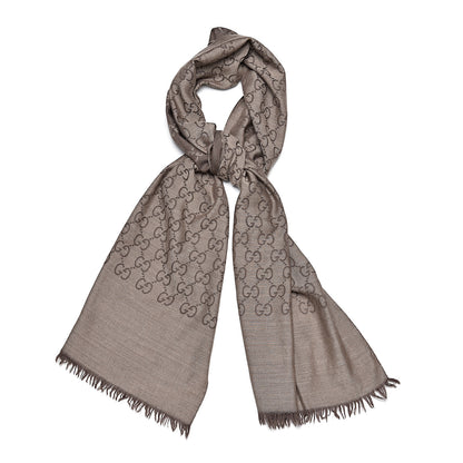 Gucci Wool Silk Monogram Fringe Scarf Brown 1 of 5