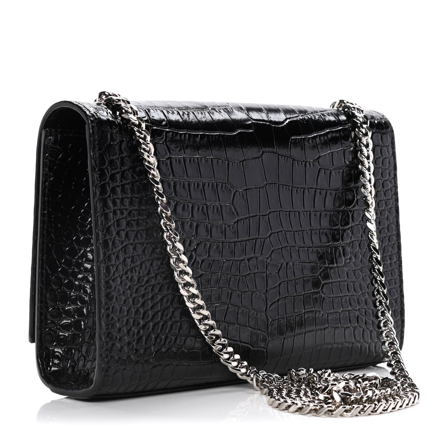 Calfskin Crocodile Embossed Small Classic Monogram Kate Tassel Satchel Black