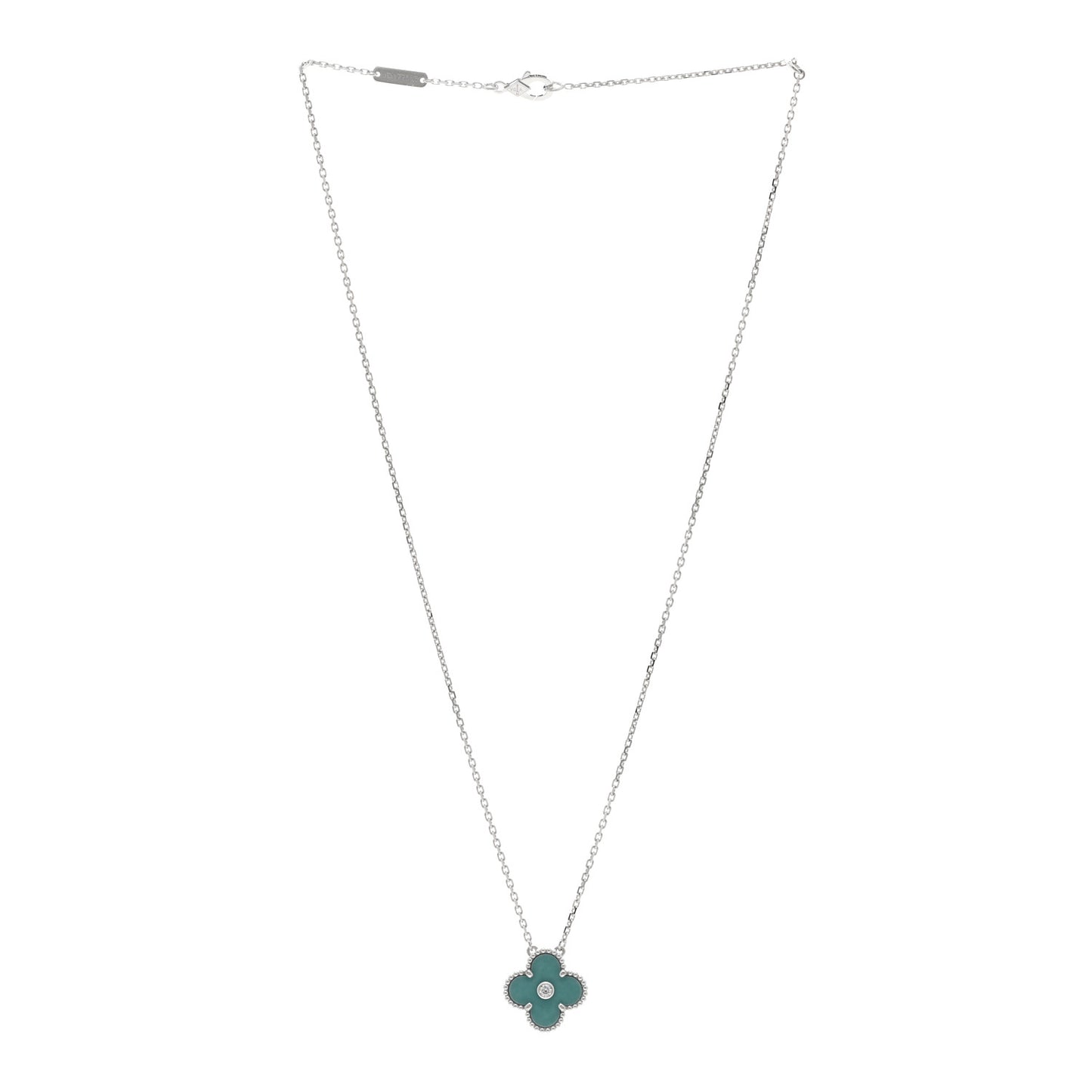18K White Gold Diamond Celadon Green Sevres Porcelain Vintage Alhambra Pendant Necklace