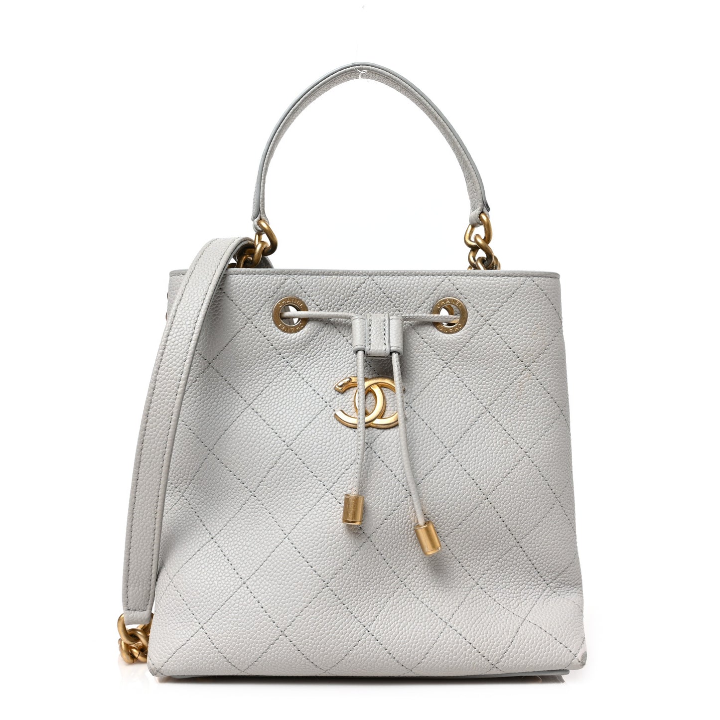 Caviar Diamond Stitched CC Bucket Drawstring Bag Light Grey