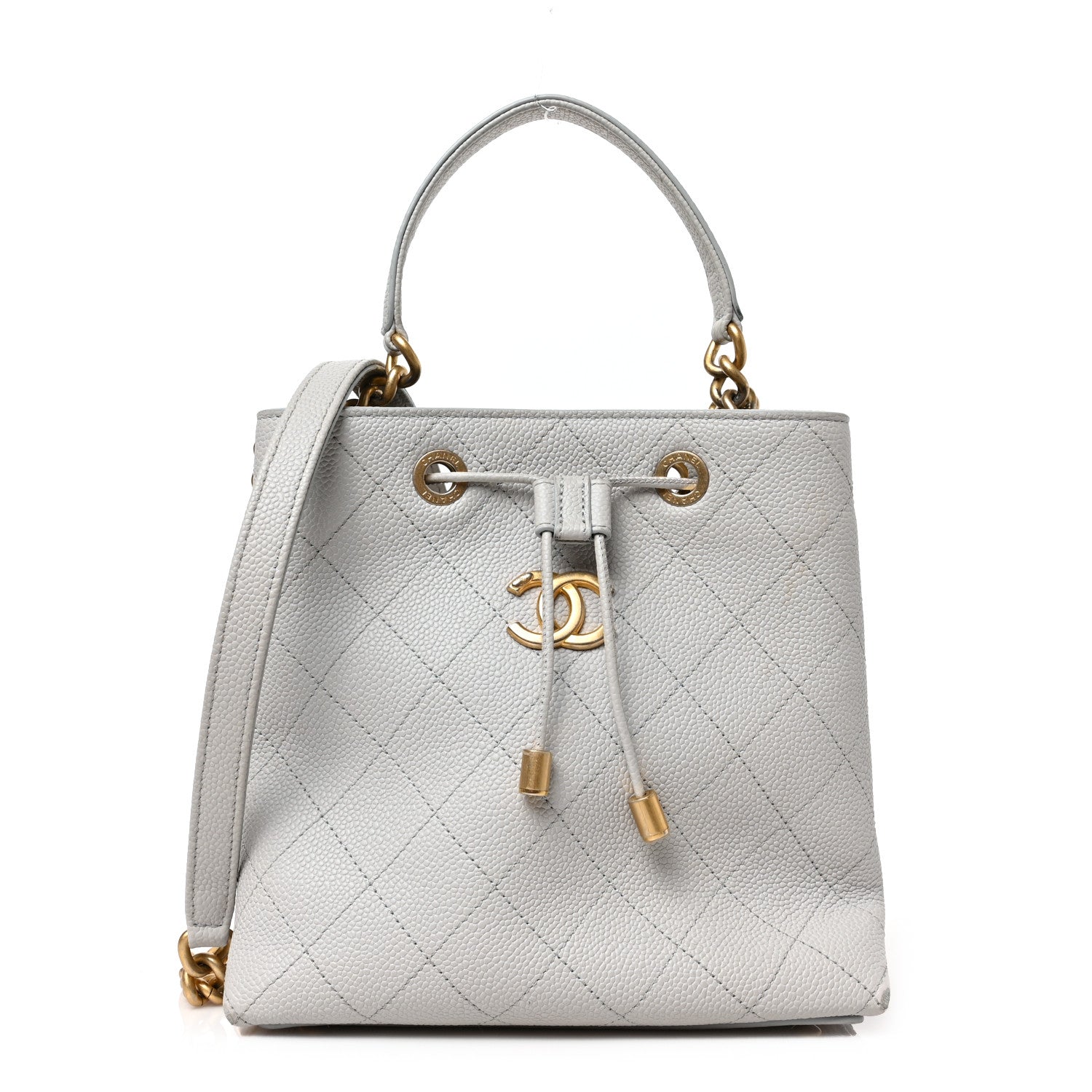 Chanel Caviar Diamond Stitched CC Bucket Drawstring Bag Light Grey 1 of 15