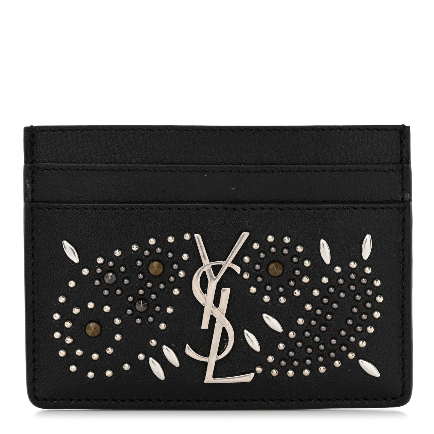 Calfskin Paisley Studded Monogram Credit Card Case Black