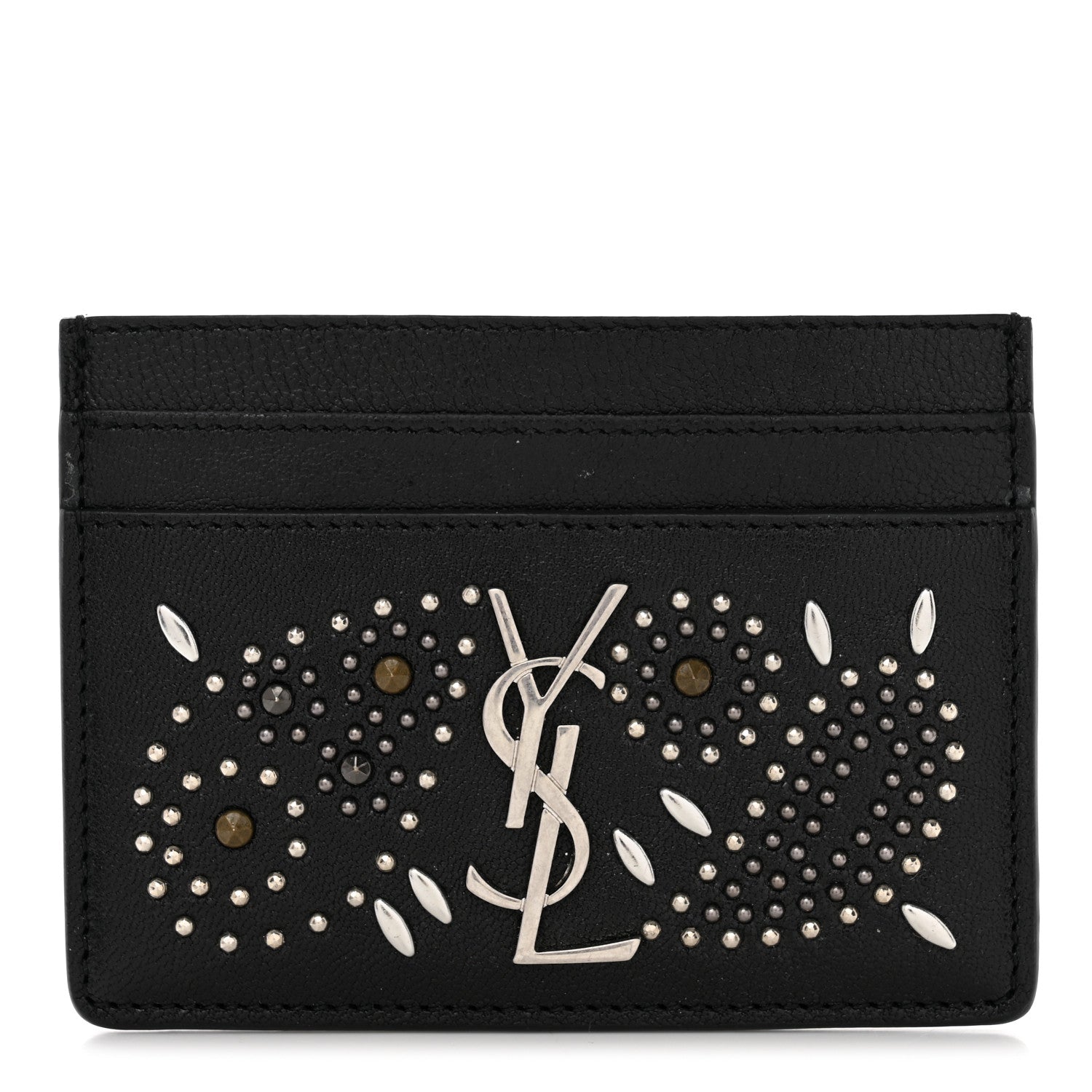 Saint Laurent Calfskin Paisley Studded Monogram Credit Card Case Black 1 of 8