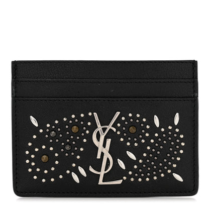 Saint Laurent Calfskin Paisley Studded Monogram Credit Card Case Black 1 of 8