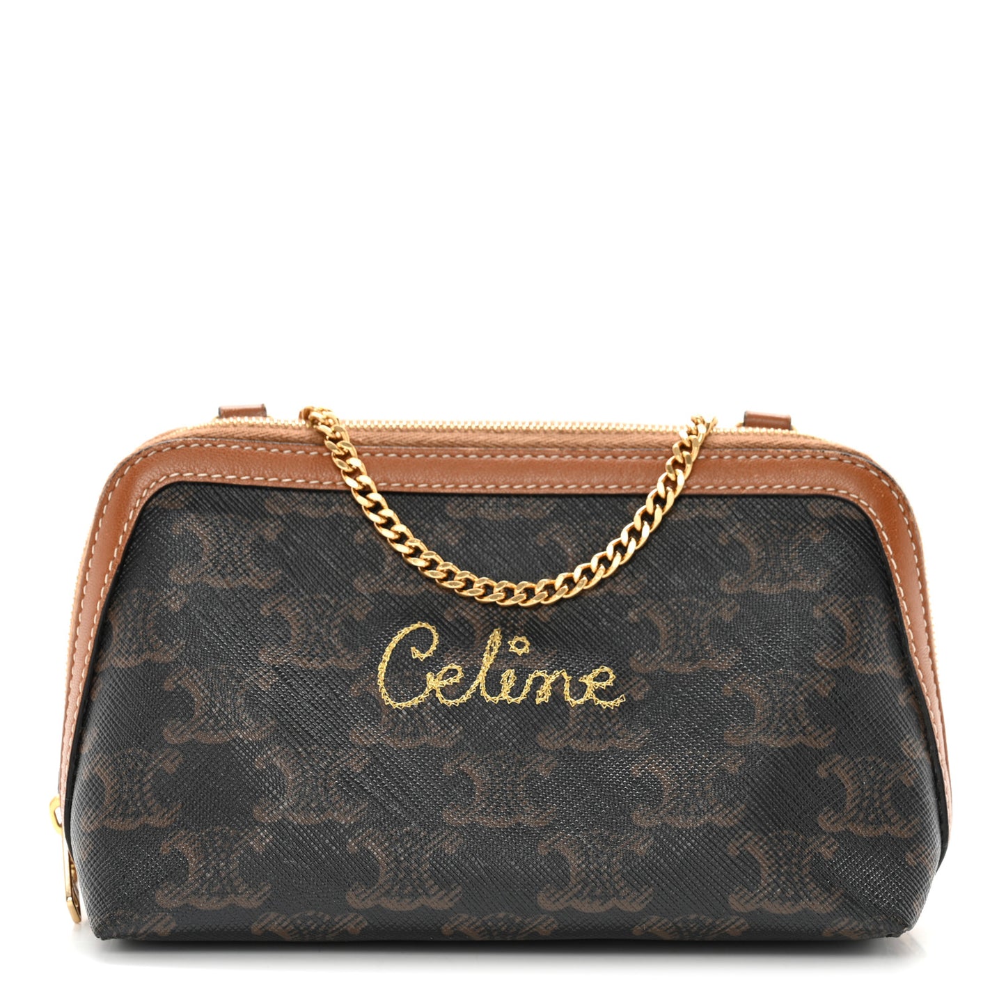 Lambskin Triomphe Canvas Embroidered Logo Clutch With Chain Tan