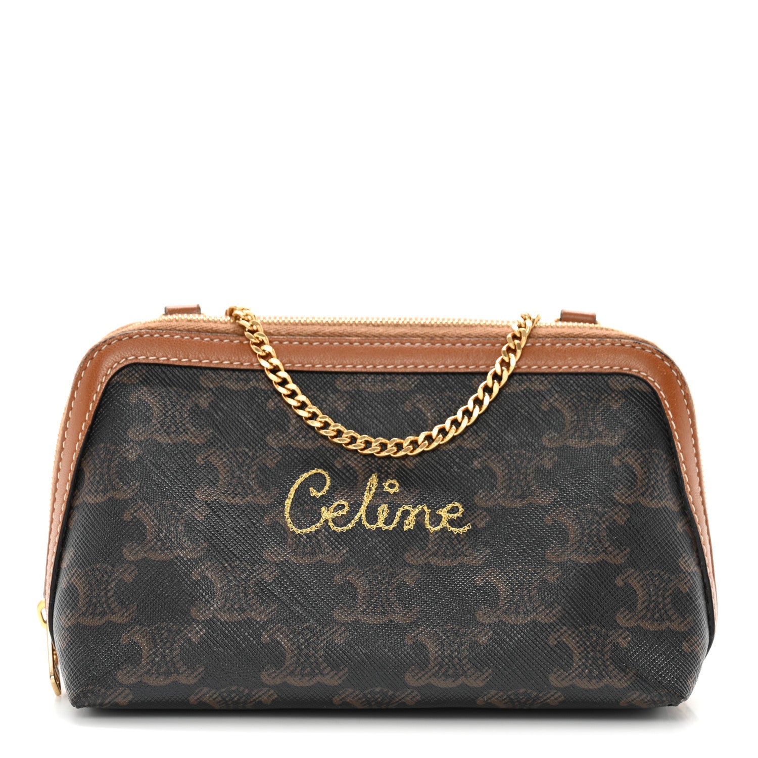 Celine Lambskin Triomphe Canvas Embroidered Logo Clutch With Chain Tan 1 of 12
