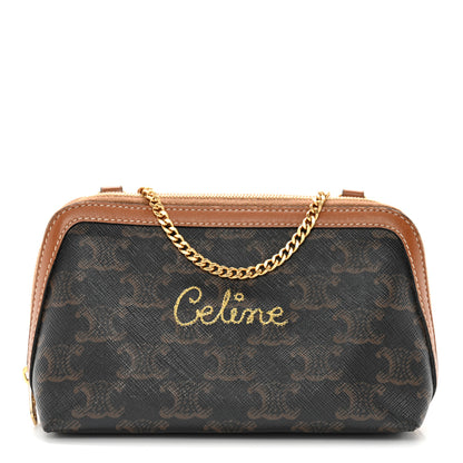 Celine Lambskin Triomphe Canvas Embroidered Logo Clutch With Chain Tan 1 of 12