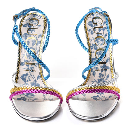 Gucci Sequin Paillette Nappa Silk Braided Haines High Heel Sandals 39 Fuxia Oro Vecchio Argento 5 of 10