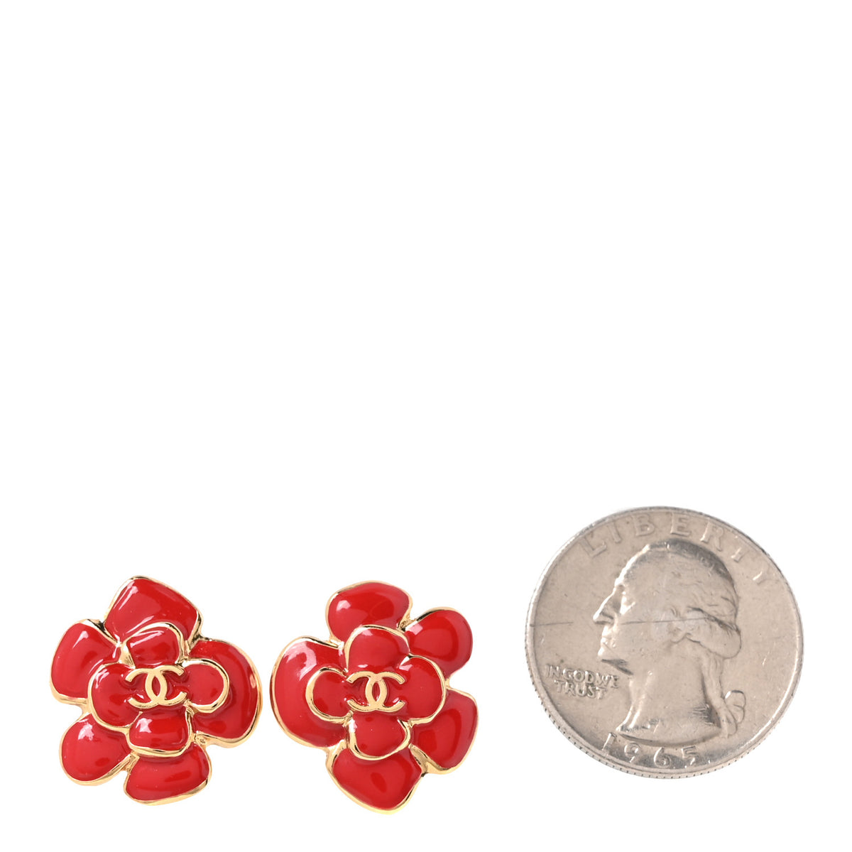 Metal Resin CC Camellia Stud Earrings Gold Red