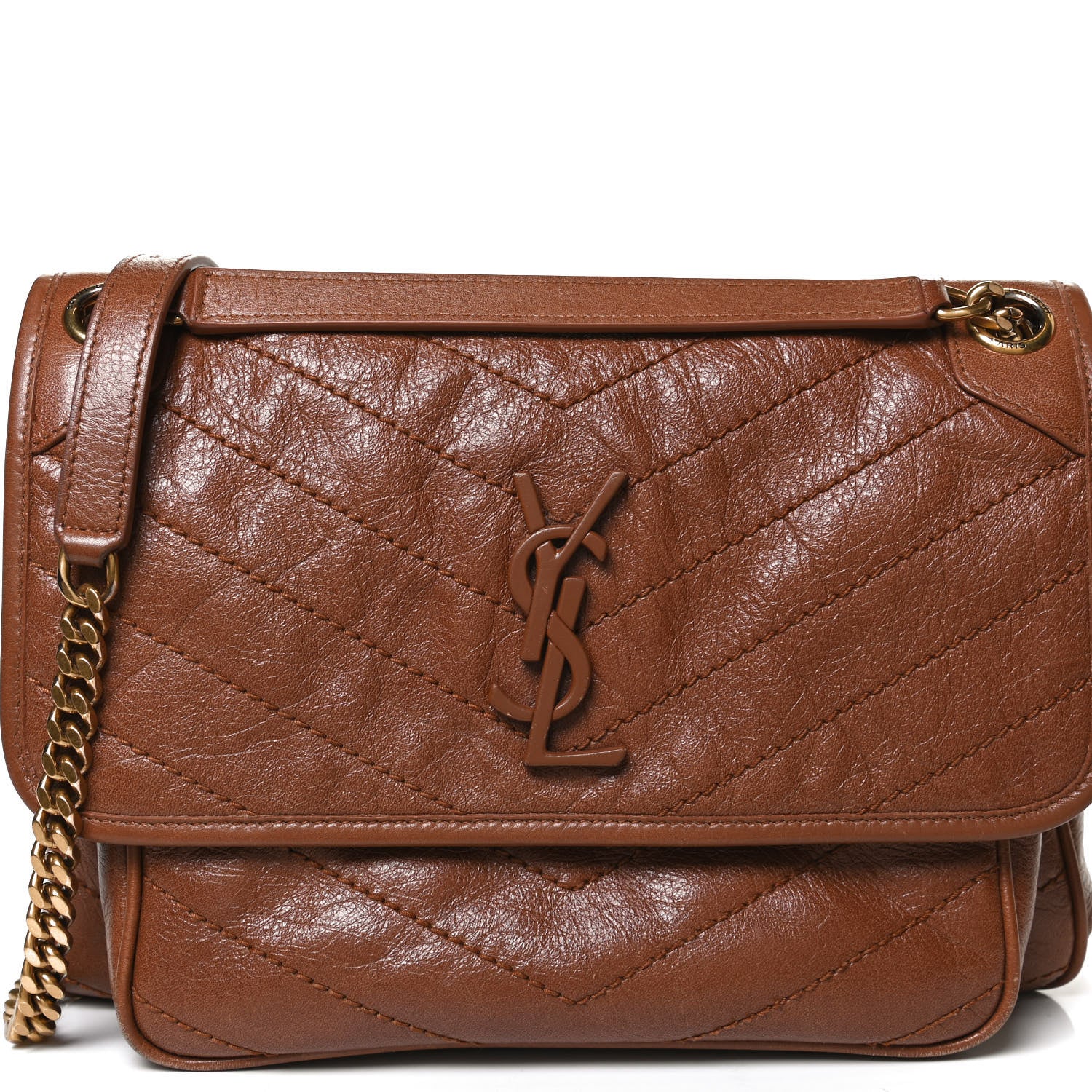 Saint Laurent Crinkled Calfskin Matelasse Monogram Medium Niki Chain Satchel Caramel 8 of 11