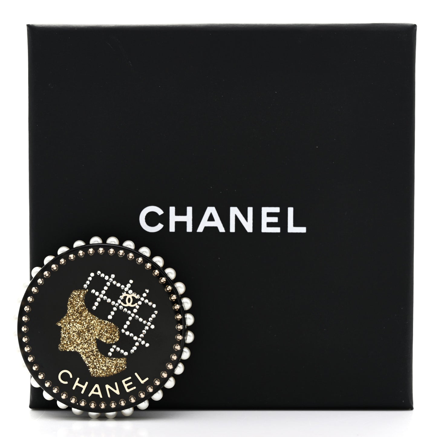 Strass Resin Pearl Coco Chanel Profile Brooch Black