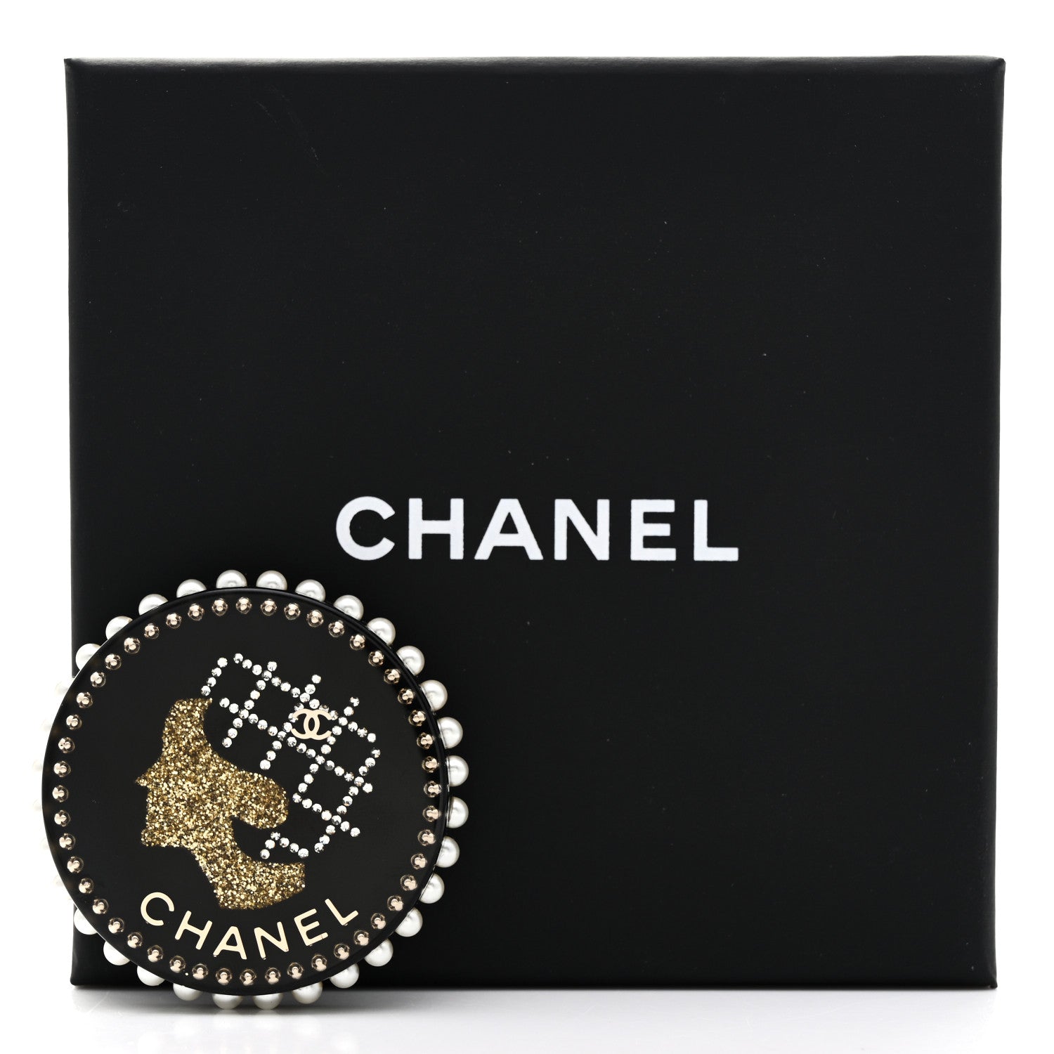 Chanel Strass Resin Pearl Coco Chanel Profile Brooch Black 5 of 5