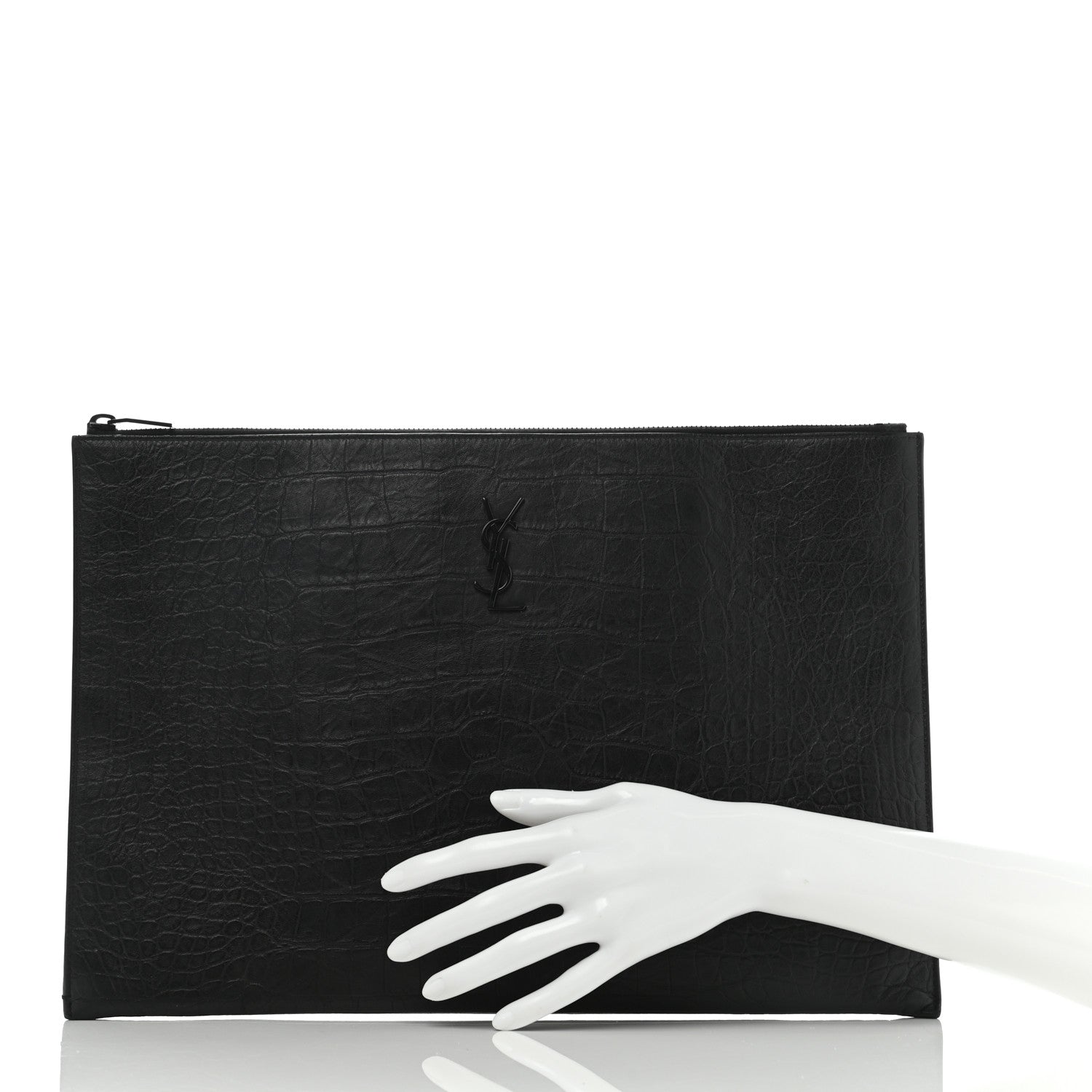 Saint Laurent Calfskin Crocodile Embossed Tablet Pouch Black 2 of 10