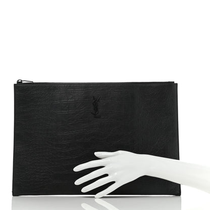 Saint Laurent Calfskin Crocodile Embossed Tablet Pouch Black 2 of 10