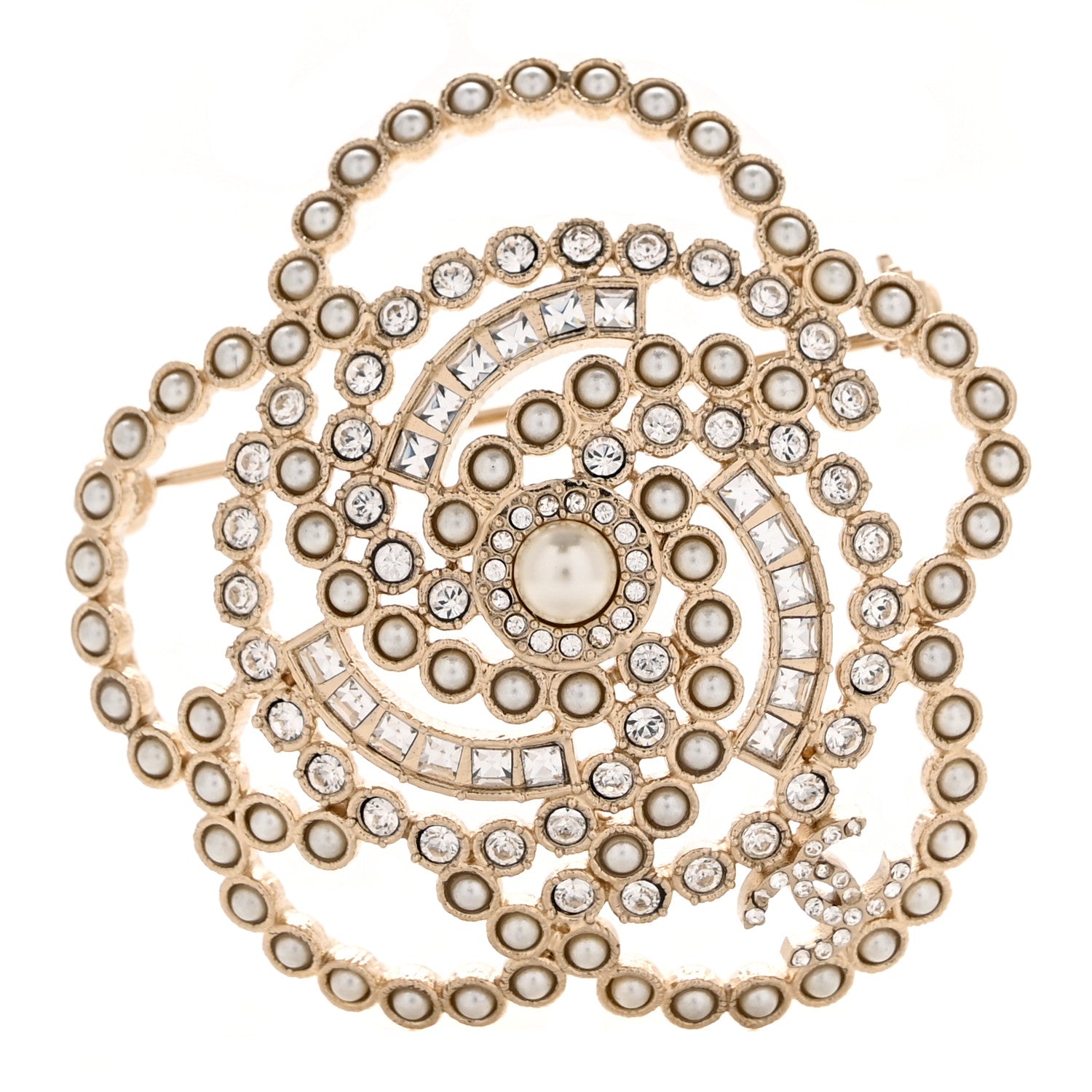 Chanel Pearl Crystal Lace Camellia Brooch Gold 1 of 4